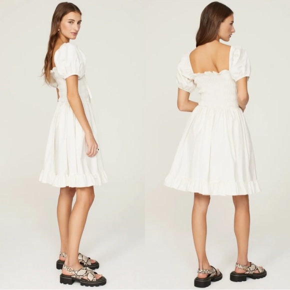 Sandy Liang Kleen White Smocked Puff
Sleeve Tie Front Mini Dress Sz 4 - Picture 2 of 16